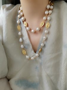 Baroque Long Pearl Necklace Matte Gold Natural Style LuisaLizz Elegant Sweater Chain Jewelry for Women Fresh out New Fashion