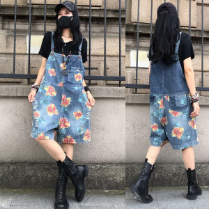 Summer New plus Size Straight Leg Retro Print Denim Overalls Korean Wide Leg Jumpsuit Women High Waist Commute Style Five-Quarter Length