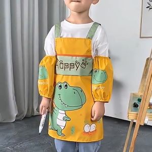 Kids Cartoon Apron Cute Waterproof Painting Cooking Apron Adjustable with Arm Sleeves Girl Boy Gift