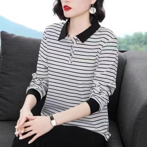 100KG Fat Girl Can Wear Lapel Long Sleeve Ladies Stripe T-shirt with collar Plus Size Middle age Mother Loose Spring and Autumn Shirt Women Polo Shirt Casual Blouse