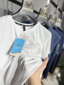 Summer Mens Solid Color Print Punch Elastic Sport Short Sleeve T-Shirt RUN Series Youth Trendy Standard Fit round Neck Tee