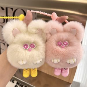 Adorable Real Rabbit Fur Keychain Car Decoration Plush Toy Book Bag Hanging Ornament Small Rabbit Shaped Leather Accessories