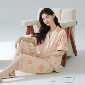 MiiOW | Pure Cotton Cat Person Sleepwear Womens Open Cardigan Short Sleeve Loose Casual Home Clothes Set Can Be Worn Outside Summer