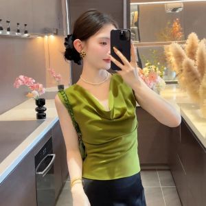 chaqi | Áo ba lỗ không tay cổ lơi thanh lịch dành cho nữ mùa hè 2025 Áo ba lỗ không tay ôm eo kiểu Pháp dành cho nữ nhỏ nhắn dễ thương