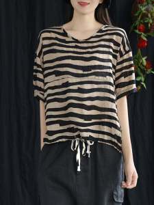 Retro Striped Loose Fit Short Sleeve T-Shirt Drawstring Hem Cotton Linen Style Womens Fashion Top New Arrival Summer Wear