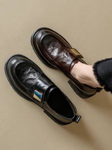 Euchetti Spring 2025 round Toe Thick Heel Metal Buckle British Style Leather Shoes Women Color Rubbing Retro Single Shoes