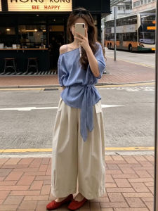 SENWA | One-Shoulder Tshirt & Wide Leg Pants Set Blue