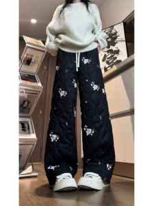 กางเกงสเก็ตบอร์ดผ้าฝ้ายหนาสำหรับฤดูหนาว ป้องกันลมหนาว ขนแกะ ผ้าฝ้ายผสม ทรงตรง กระดุมข้าง กางเกงขายาวสำหรับผู้หญิง