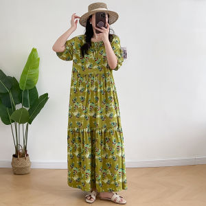 Summer Bohemian Style Womens Cotton Silk Dress Loose plus Size Flattering Big Hem Short Sleeve Beach Sun Protection Skirt