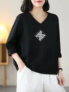 ฤดูใบไม้ผลิและฤดูใบไม้ร่วงใหม่ขนาดใหญ่หลวมพอดีอเนกประสงค์สไตล์เกาหลีเสื้อยืดคอวีสําหรับผู้หญิงที่มีชุดชั้นในแขนยาวด้านบน