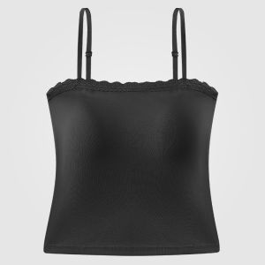 Miiow | MiiOW Lace Trim Chemise Tank Top Womens Sleeveless Outerwear Sensation Vest Pad Included Versatile Style Short Length Solid Color
