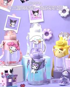 Blue Sakura 600ml Ready Stock Kawaii Sanrio Kuromi Cinnamoroll My Melody water Cup Anime Figure High Capacity Portable Straw Water Glass Kids Gift water bottle