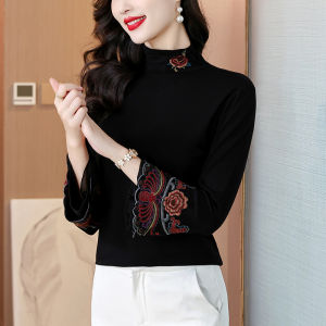 New Chinese Style Embroidered Long Sleeve Womens Base Shirt Spring Autumn Winter New Half High Collar T-Shirt Moms National Style Velvet Top