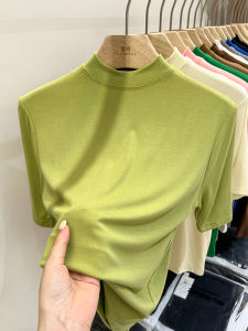 Womens Cotton Blend T-Shirt Half High Collar Short Sleeve Summer New Style Five Sleeve Pure Cotton Base Shirt Trendy Commute