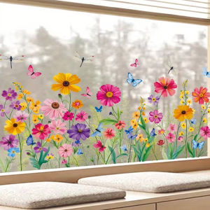 Colorful Wildflower Meadow Window Clings - Reusable Static DecalsWatercolor Floral Window Stickers Kitchen Bedroom Living Room
