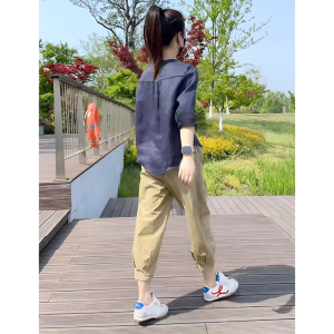 Shalldoer | Bộ đồ hai mảnh thời trang nữ phong cách Hàn Quốc mùa hè 2025 Áo sơ mi dài tay màu trơn quần dài đến mắt cá chân giản dị