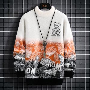 ROMON | Lormen Mens Mink Velvet Knitted Sweater Gradient Half High Collar Winter Fashion Casual Loose Fit Long Sleeve Base Shirt