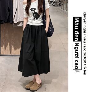 YAYANGREN | Chân Váy Dạng A-Line Cao Waist Mùa Hè Màu Xanh Hải Quân Linen