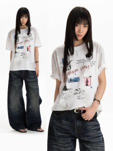 APOCKET | Vintage Washed Graffiti Print Distressed Ripped T-Shirt