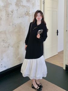 New Chinese Style Spliced Fish Tail Dress Womens Autumn 2025 Retro A-Line Skirt Long Sleeve Casual Loose Waist Design