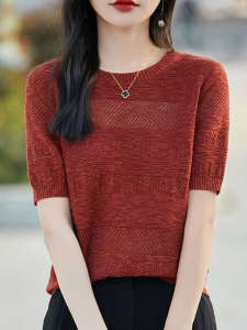 Spring Summer Thin Cotton Knitted round Neck Hollow out Loose Short Sleeve Womens Base Layer Shirt Korean Style Base Coat