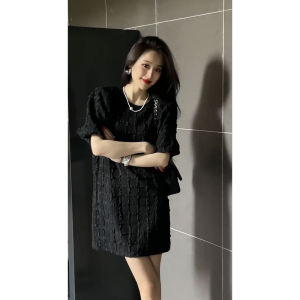 Elegant Black Dress Womens Fashion Summer 2023 Slimming Luxury Street Style Midi Skirt A-Line Silhouette Long Sleeve round Neck