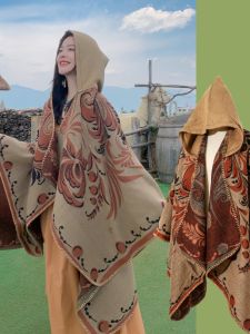 XUANXUAN | 2024 New Womens Ethnic Style Hooded Shawl Travel Outdoor Sunshade Desert Cover Up Long Rectangular Polyester Fiber Scarf