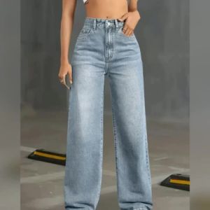 Y2k Jeans for Woman Classic Blue Elastic Straight Leg Simple Design Retro Style Stretchy Denim Trousers