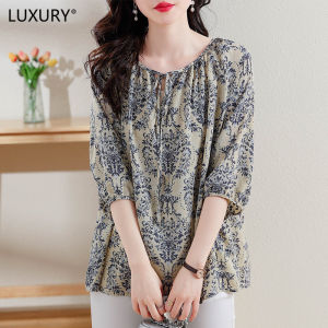 เสื้อลูกไม้คอวีพิมพ์ลายสำหรับผู้หญิงคอวีหรู - หราแขน 3/4 น้ำหนัก เบา 2023 ฤดูร้อน