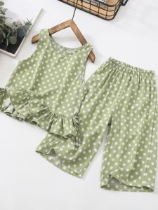 Summer Cool Thin Cotton Gingham Skirt Pants Set Short Sleeve Artificial Cotton Wide Leg Pants Two Piece Set for Girls Kids