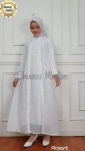 CHIANOZ Gamis Putih Mewah Serena Dress Brukat Renda Baju Lebaran Umroh Haji Manasik Pesta Akad 881