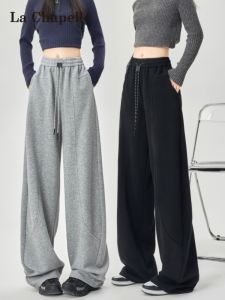 La Chapelle American Style Grey Banana Sport Pants Womens High Waist Straight Casual Sweatpants Knife Wide Leg Trousers