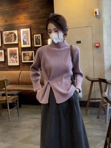 Purple Sunken Stripe Half Turtleneck Knitwear Sweater Womens Fall Winter Fashion Elegant Hem Side Slit Cinched Slimming Pullover