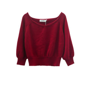 Chic Wine Red V-Neck Lantern Sleeve Knitted Top Short Length Seven Sleeve Long Sleeve Warmth Emitting Cotton Blend Fleece Womens Sweater