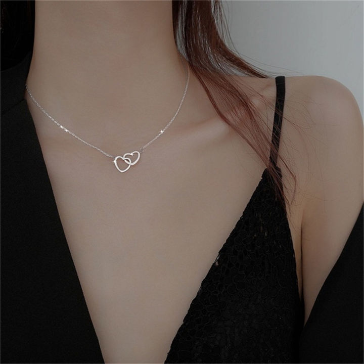 Simple Fashion Silver Shiny Double Heart Pendant Necklace for