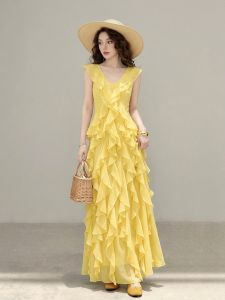 Yellow French Holiday Style Chiffon Waist-cinched Sleeveless Flared Hem Dress