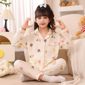 Childrens Pure Cotton Sleepwear Long Sleeve Thin Set Autumn Style Home Clothes for Girls Cute Fashionable Kids Home Suit