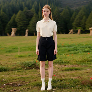 High Waist Cuffed Wide Leg Casual Pants Brand Summer Five-Button Shorts Straight Cut Loose Fit Regular Thickness Polyester Fiber