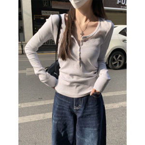 Fashionable Button Design Long Sleeve Womens Slim Fit T-Shirt Spring Outerwear Grey Base Layer Top Korean Style round Neck
