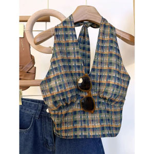 chaqi | Thai Plaid Mini Strap Vest Women Summer Outdoor Spring Autumn Inner Match Sleeveless Top French Hanging Neck Backless Shirt