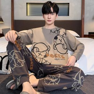 ชุดนอนผู้ชาย ผ้าฝ้ายแท้ แขนยาวบาง ฤดูร้อน ไซส์ใหญ่ เยาวชน นักเรียนมัธยมต้น ชุดนอนเด็กโต ชุดนอนผู้ชาย แขนยาว คอตตอน 100%