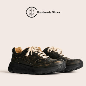 Handcrafted Leather Dad Shoes Casual Running Sneakers Breathable Thick Bottom Retro Coloration Mens Black Samurai Shoes