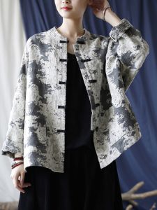 Loose Cotton Linen Long Sleeve Stand Collar Button up Outerwear New Autumn Vintage Ethnic Style Casual Womens Jacket Coat