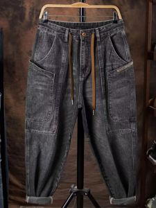 Retro American Denim Jeans Mens Spring Autumn Trendy Brand Loose Large Pocket Straight Leg Workwear Harlan Pants Big Size