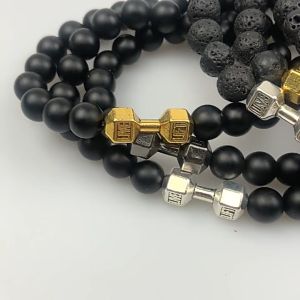 Dumbbell Beaded Bracelet Black Beads Fitness Fit Life Prayer Bracelets Bangles Barbell Men Jewelry Classic Men Beaded Bracelet Charm Dumbbell Strand Bracelet 8mm Natural Black Lava Stone Energy Fitness Bangle Women Yoga Jewelry