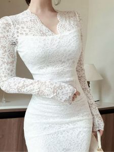 French Style Retro Silm Sheath Mermaid Dress Fancy Long Sleeves Elegant V Neck Base Lace Dress Autumn and Winter