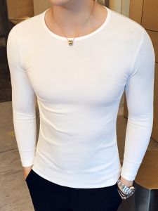 Spring Autumn Elastic Mens Slim Fit Long Sleeve T-Shirt Pure White Close-Fitting Inner Wear Casual Top Breathable Polyester Fiber