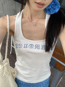 Áo Ba Lỗ Chữ I Màu Trắng Ôm Vừa Vặn Cho Nữ Mùa Hè Mới Áo Ngắn Đính Đá Màu Tương Phản Đơn Giản Đa Năng Áo Sơ Mi Nhỏ