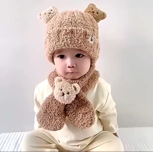 Bộ Mũ Khăn Trẻ Em Gấu Bông | Set Mũ Tai Gấu Kèm Khăn Quàng Cổ Lông Xù Cho Bé Mềm Mại