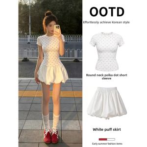 ZUKUN | White Unique and Pretty Dotted Short Sleeve Skirt Set
